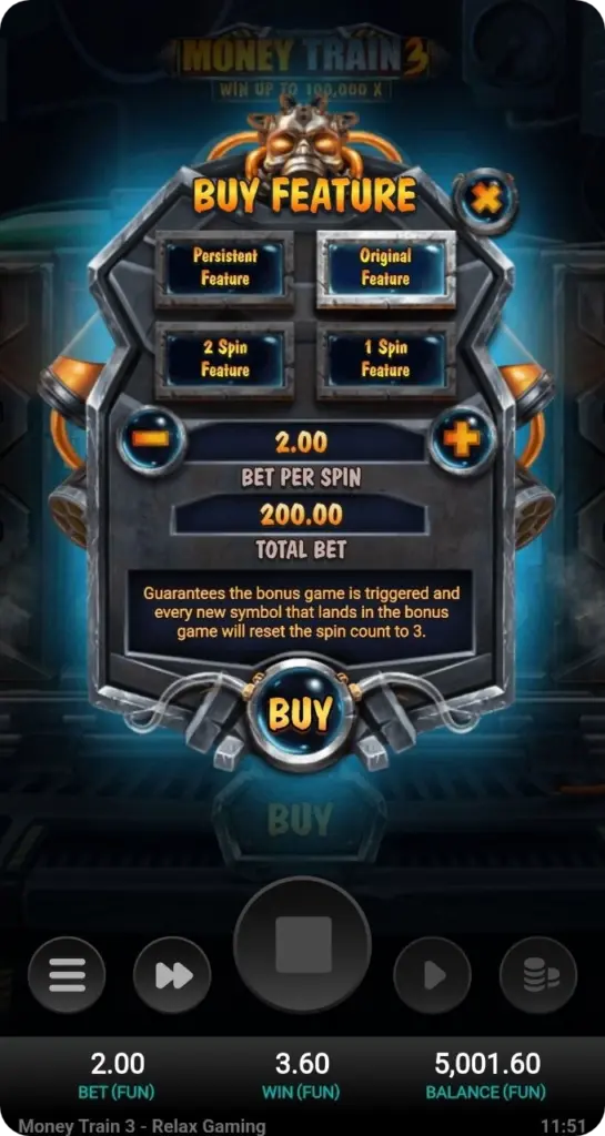 Bonus Buy options screen in Money Train 3 slot