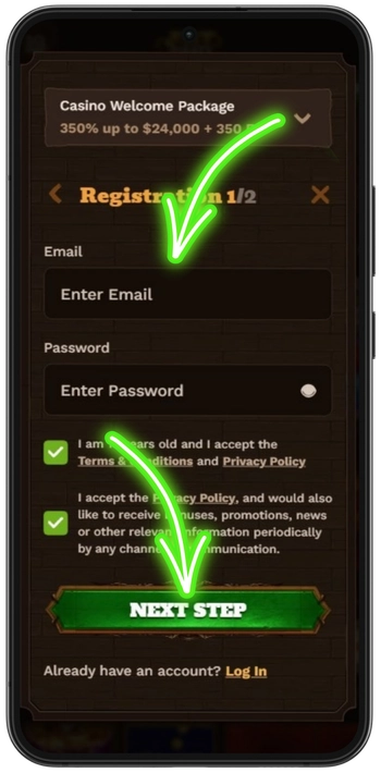 Registration form to create an account and play Money Train 3